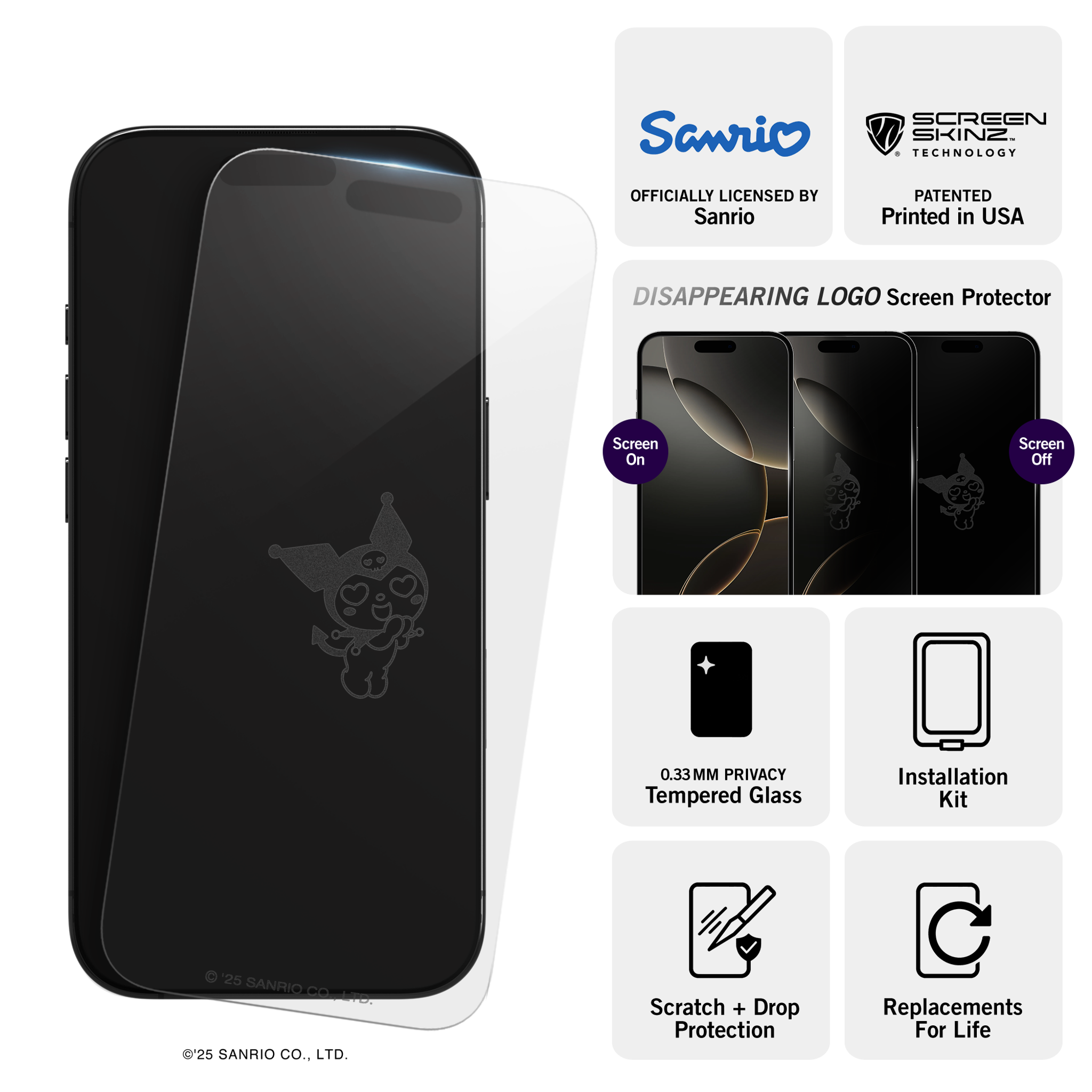 Kuromi Hearts iPhone Clear Screen Protector